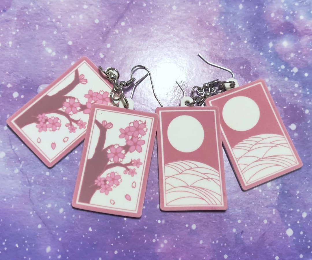 Cherry Blossom/full Moon Hanafuda Card Earrings Glow in the Dark Etsy