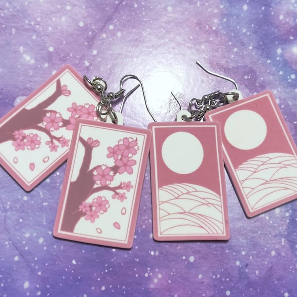 Cherry Blossom/Full Moon Hanafuda Card Earrings | Glow In The Dark