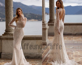 Elegant Sparkling Mermaid Wedding Dress with Open Back ,Glamorous Sequin Long Sleeve Bridal Gown ,Unique Handmade Sparkly Wedding Dress