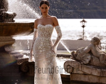 Corset Sleeve Mermaid Luxury Lace Wedding Dress with Straight Neckline ,Unique Bridal Gown ,Designer Handmade Mermaid Wedding Dress