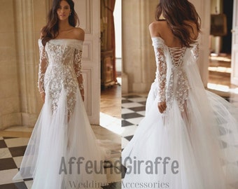 Abito da sposa a sirena in pizzo tulle con corsetto con spalle scoperte - Eleganza romantica, abito da sposa romantico a sirena in pizzo, dimensioni e colori personalizzabili