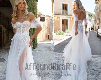 Off-shoulder kant en tule witte A-lijn trouwjurk - elegante bruidsjurk, klassieke bloemenkant bruidsjurk, aanpasbare maten en kleuren