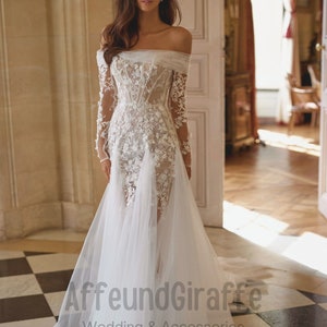 Abito da sposa a sirena in pizzo tulle con corsetto con spalle scoperte Eleganza romantica, abito da sposa romantico a sirena in pizzo, dimensioni e colori personalizzabili immagine 3