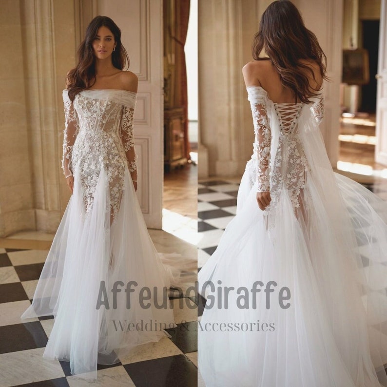 Abito da sposa a sirena in pizzo tulle con corsetto con spalle scoperte Eleganza romantica, abito da sposa romantico a sirena in pizzo, dimensioni e colori personalizzabili immagine 1