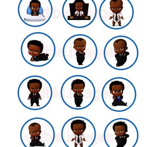 May include: A sheet of edible images featuring cartoon baby characters in various poses, dressed in suits and business attire. Each image is a circle with a blue border, suitable for decorating cakes or cupcakes.
