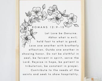 Låt kärleken vara äkta – Romarbrevet 12:9-13 Skriftkonst utskrivbar – Kristen uppmuntran väggdekoration – Digital bibeltryck