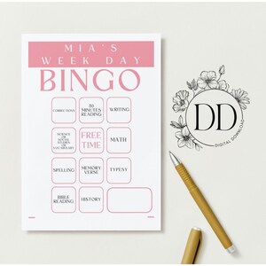 May include: A pink and white "Mia's Week Day Bingo" printable game sheet. The bingo card includes squares for "Corrections," "30 Minutes Reading," "Writing," "Science or Social Studies or Vocabulary," "Free Time," "Math," "Spelling," "Memory Verse," "Typesy," "Bible Reading," and "History."