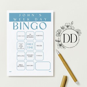 May include: A white bingo card with blue text that reads "John's Week Day Bingo." The card includes boxes with words like "Corrections," "Writing," and "Math." A gold pen and a floral logo are also visible.