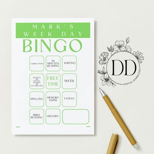 May include: A white bingo card with green text that reads "MARK'S WEEK DAY BINGO." The card includes spaces for "Corrections," "30 Minutes Reading," "Writing," "Free Time," and more. A gold pen and a floral logo are also visible.