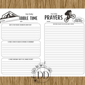 May include: A black and white printable journal page with sections for Bible study and prayer. The left side is for "Bible Time" and the right side is for "Prayers." Includes mountain and bicycle graphics, and prompts for reflection.
