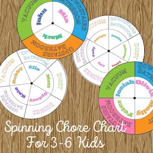 May include: A set of four colorful spinning chore charts for kids, featuring sections for tasks like vacuuming, dishes, and bathroom cleaning. Each chart is divided into segments with names and chore assignments. The text reads "Spinning Chore Chart For 3-6 Kids."