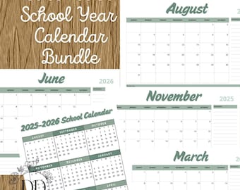 Skolkalenderpaket 2025-2026 - Augusti till juli, månads- och årskalender - Utskrivbar, digital - Grön