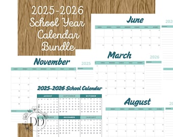 Skolkalenderpaket 2025-2026 - Augusti till juli, månadsvis och årvisat - Utskrivbart, digitalt - Blågrön