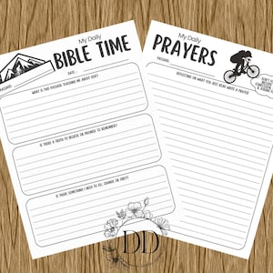 May include: Two black and white printable pages with the text "My Daily Bible Time" and "My Daily Prayers". The Bible Time page includes prompts for reflection. The Prayers page features a cyclist graphic and prompts for prayer.
