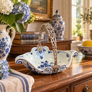 May include: A white ceramic basket featuring blue floral patterns, scalloped edges, and a decorative silver-toned metal handle with intricate floral engravings. The basket has a shallow, wide bowl shape with curled handles on both sides.