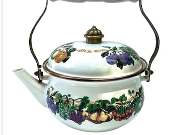 Chaleira vintage em vitrocerâmica com estampa de frutas, alça de porcelana, alça de latão, para fogão a gás de indução, fabricada na Tailândia.