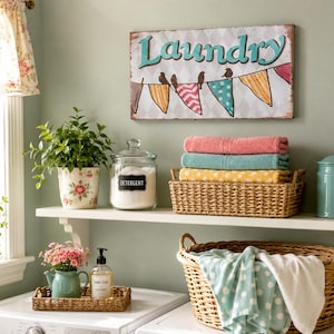 May include: A rectangular wall sign with the word Laundry in teal script, featuring birds on a string with colorful pennants. The scene includes a glass detergent jar, a woven basket with folded towels, and a large wicker laundry basket.