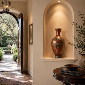 May include: A tall, copper-toned decorative vase with intricate embossed detailing around the neck and body, positioned inside a recessed wall arch. The vase features a tapered neck, a rounded midsection, and a textured base with metallic finish.