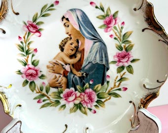Vintage Mary Baby Jesus Plate, 18k Gold Trim Porcelain Wall Decor (Japan)