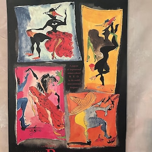 May include: A poster featuring four colorful illustrations of stylized figures in motion, set against a black background. The figures are in red, black, blue, and orange, with the word "Rouge" in red at the bottom.