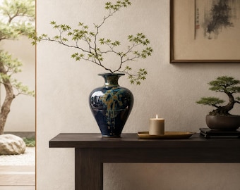 Artisan Pottery with Drip Glazing in Rich Cobalt Blue.