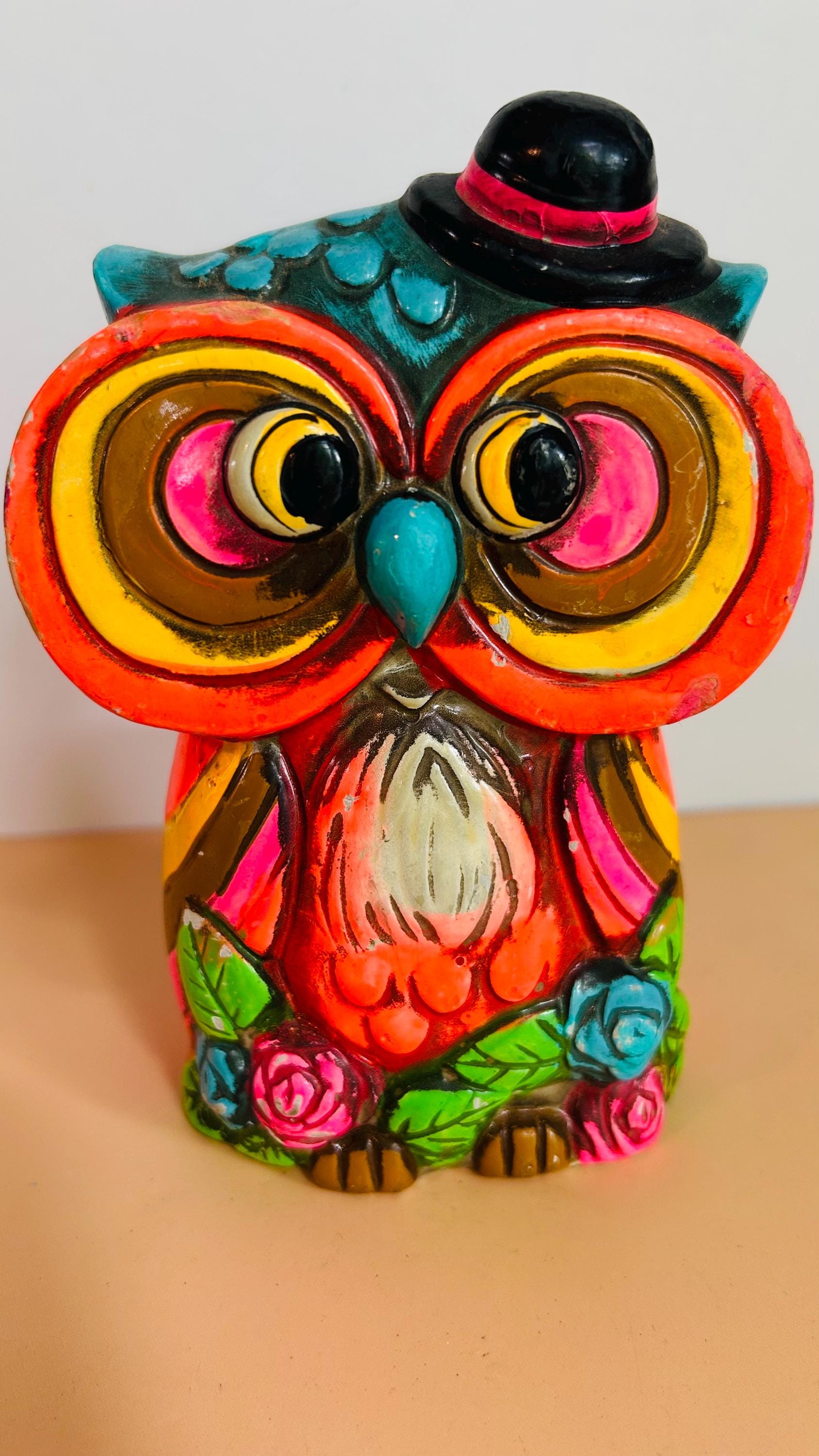 Vintage 1970s Owl Bank Japan Chalkware Colorful Kitsch Coin Bank 6x4