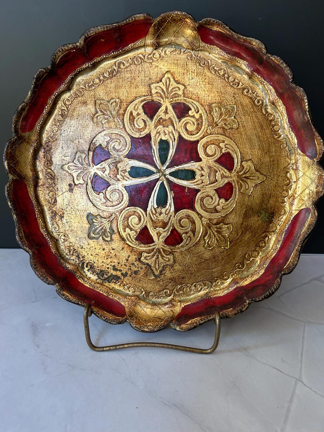 Vintage Florentine Gilt Wood Tray With Red and Green Hand Painted ...