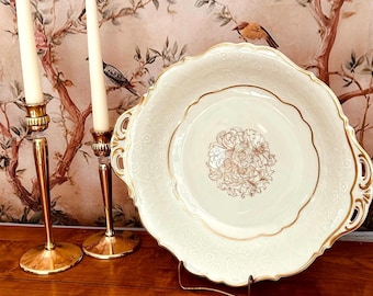 Vintage Weimar Porcelain Serving Bowl: Ivory Gold Trim Handled Dish (13 x 12)