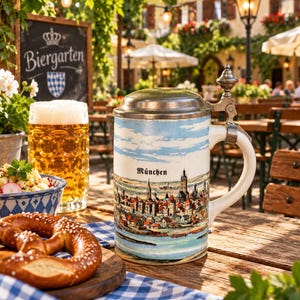 May include: A ceramic beer stein with a metal lid featuring a detailed illustration of the Munich cityscape and the text "München". The stein has a white handle and a cylindrical body, sitting on a wooden table next to a pretzel and beer.