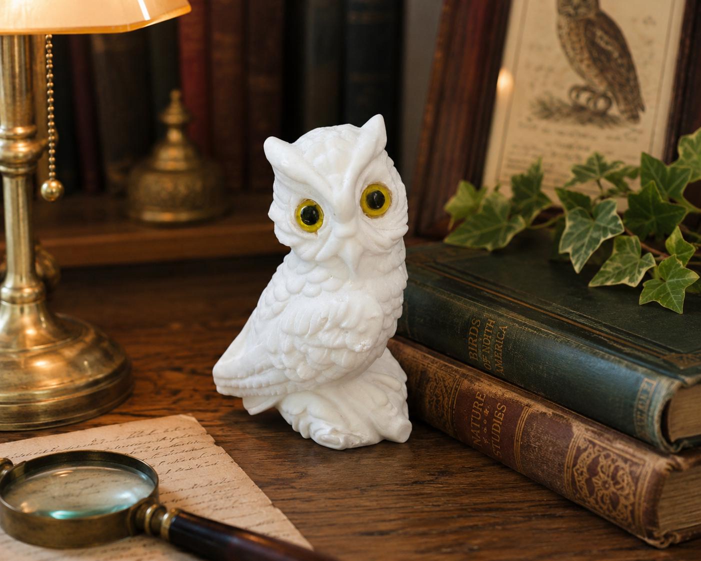 Vintage Italian Carved Alabaster Owl Figurine White Stone Bird with Yellow Glass Eyes