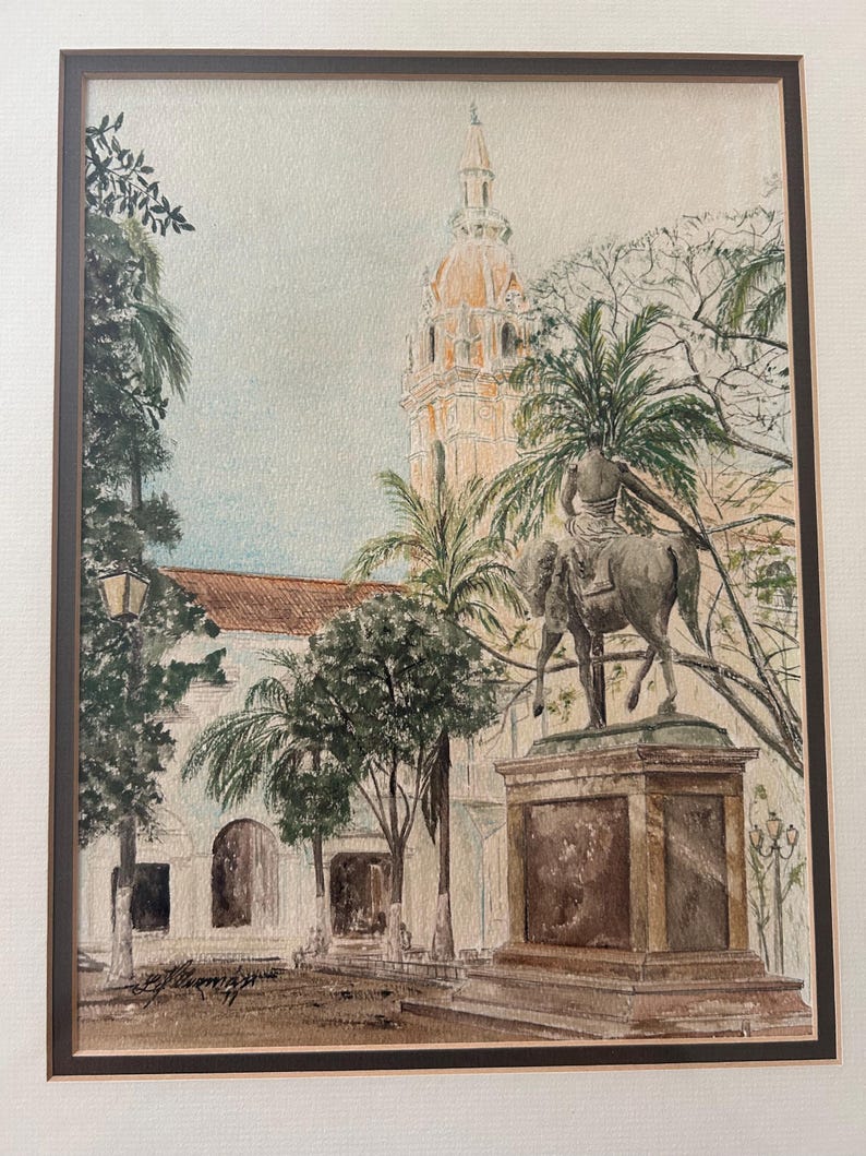 Vintage Cartagena Colombia Watercolor Painting – Plaza de Bolívar, Framed Latin American Cityscape Art
