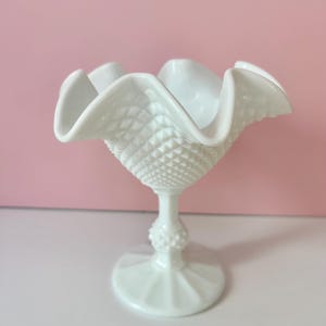 Vintage Milk Glass Hobnail Compote with Ruffled Rim | Pedestal Candy Dish | Romantic Cottage Decor.