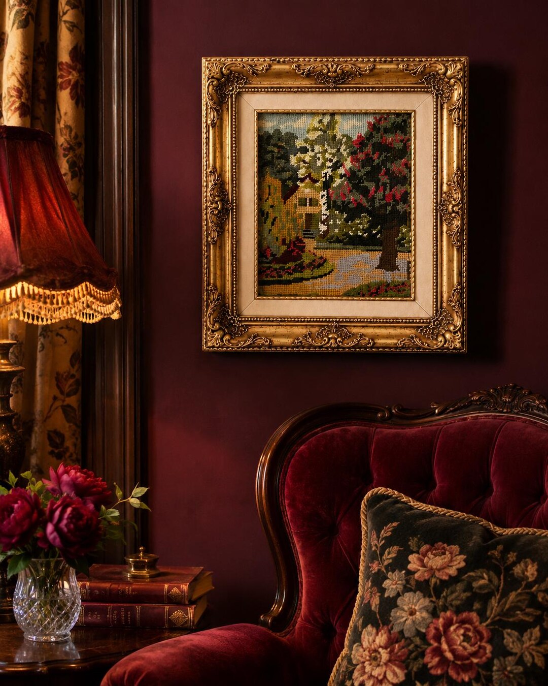 Vintage Framed Needlepoint Landscape 15x14 Ornate Gold Frame Cottage ...