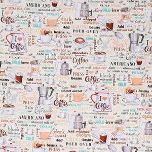 Coffee Themed Fabric Mugs Cups Latte Espresso Cappuccino Cafe Coffee Shop Bar Decor Quilting Cotton Cream Off White Fabric for Sewing Crafts