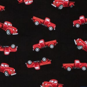 Retro Red Pickup Truck Fabric by the Yard Truck Fabric Vintage Quilting Cotton Fabric Black Fabric Holiday Quilt Fabric