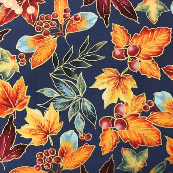 Navy Fall Leaves Fabric, Cotton Quilting Apparel, Blue Thanksgiving Fabric, Seasonal Holiday Foliage, Home Accent Decor, Red Orange Yellow