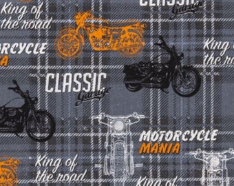 Motorcycle Fabric By the Yard, Biker Fabric, King of the Road Fabric, Quilting Cotton Fabric, Black Fabric, Gray Fabric, Orange Fabric