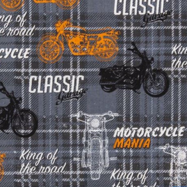 Motorcycle Fabric By the Yard, Biker Fabric, King of the Road Fabric, Quilting Cotton Fabric, Black Fabric, Gray Fabric, Orange Fabric