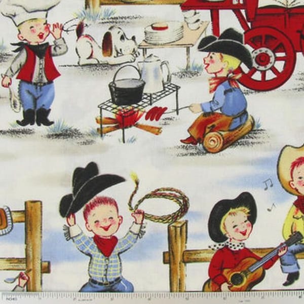 Cowboy Fabric, Retro Fabric with Children, Western Fabric, Quilting Cotton Fabric, Lil Cowpokes Fabric, Michael Miller Fabric