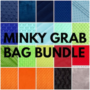 Puede incluir: Una colección de 20 colores diferentes de tela minky con un patrón de puntos texturizados. La tela está dispuesta en un patrón de cuadrícula y etiquetada como "Minky Grab Bag Bundle".
