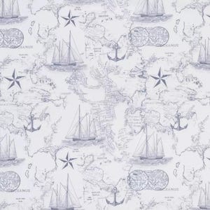 White Nautical Map Fabric Boat Ships and Stars Old World Map Sailing Ships Navy White Ocean Chart Sea Compass Anchors Quilting Cotton Fabric