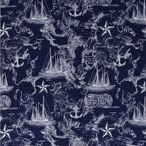 Tela con mapa náutico de la marina, barco, barcos y estrellas, mapa del Viejo Mundo, veleros, carta oceánica blanca de la marina, brújula marina, anclas, tela de algodón para acolchado
