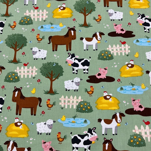 Farm Animals Fabric, Country Themed Fabric, Quilting Cotton Fabric, Apparel Fabric, On the Farm Novelty, Horses, Cows, Pigs, Sheep, Goats