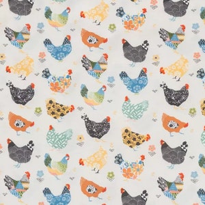 May include: A white background with a repeating pattern of colorful chickens. Each chicken is a different design with a variety of colors and patterns. The chickens are all facing forward and have their wings spread out.