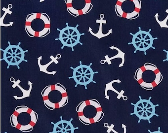 Nautical Anchors Navy Fabric Quilting Cotton Fabric for Quilts Little Boy Nursery Fabric Lifesavers Sailor Boat White Anchor