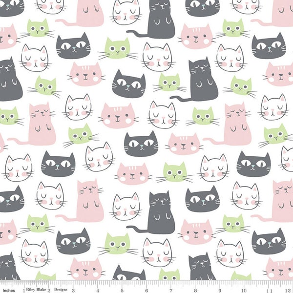 Purrfect Day Main C9900 White, Riley Blake Designs , Quilting Cotton Fabric, Cat Cats Kittens Gray Green Pink White