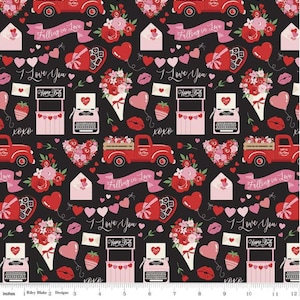 Tela de San Valentín de 72" con remanente de extremo de perno "Enamorándose" de Riley Blake Designs, algodón acolchado, amor, romance, corazones, flores, camiones