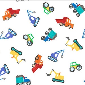 Diggers & Dumpers Fabric, Michael Miller Fabric, Colorful Construction Trucks on White, Children Fabric, Quilting Cotton, Boy Nursery Fabric