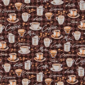 Coffee Print Fabric Mugs Cups Latte Espresso Cappuccino Cafe Coffee Bar Decor Quilting Cotton Apparel Brown Fabric Crafts Sewing