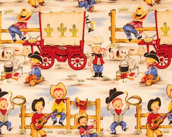 May include: A white fabric with a repeating pattern of cowboys and a wagon. The cowboys are wearing blue jeans, red shirts, and cowboy hats. The wagon is red and has a white canvas top. The background is white with a light blue pattern.